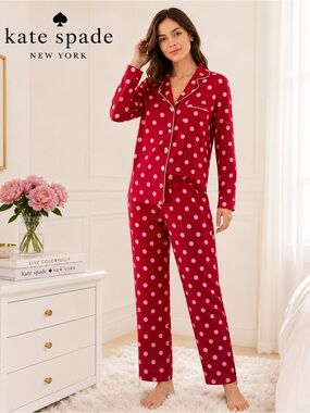 Kate Spade New York Red Pink Polka Dot Satin Pajama Set Size Sm Lounge Sleepwear